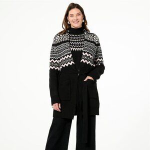 TWRHLL by Christie Brinkley Fair Isle Sweater Knit Belted Coatigan Size 2X Black